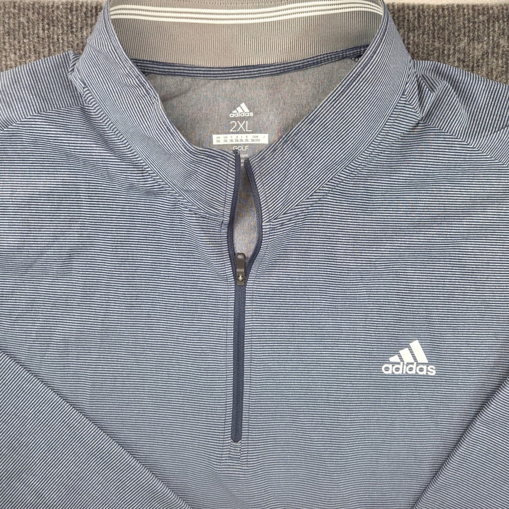 Adidas‎ Golf Mens 2XL Blue White Striped Quarter Zip Pullover Jacket Athleisure